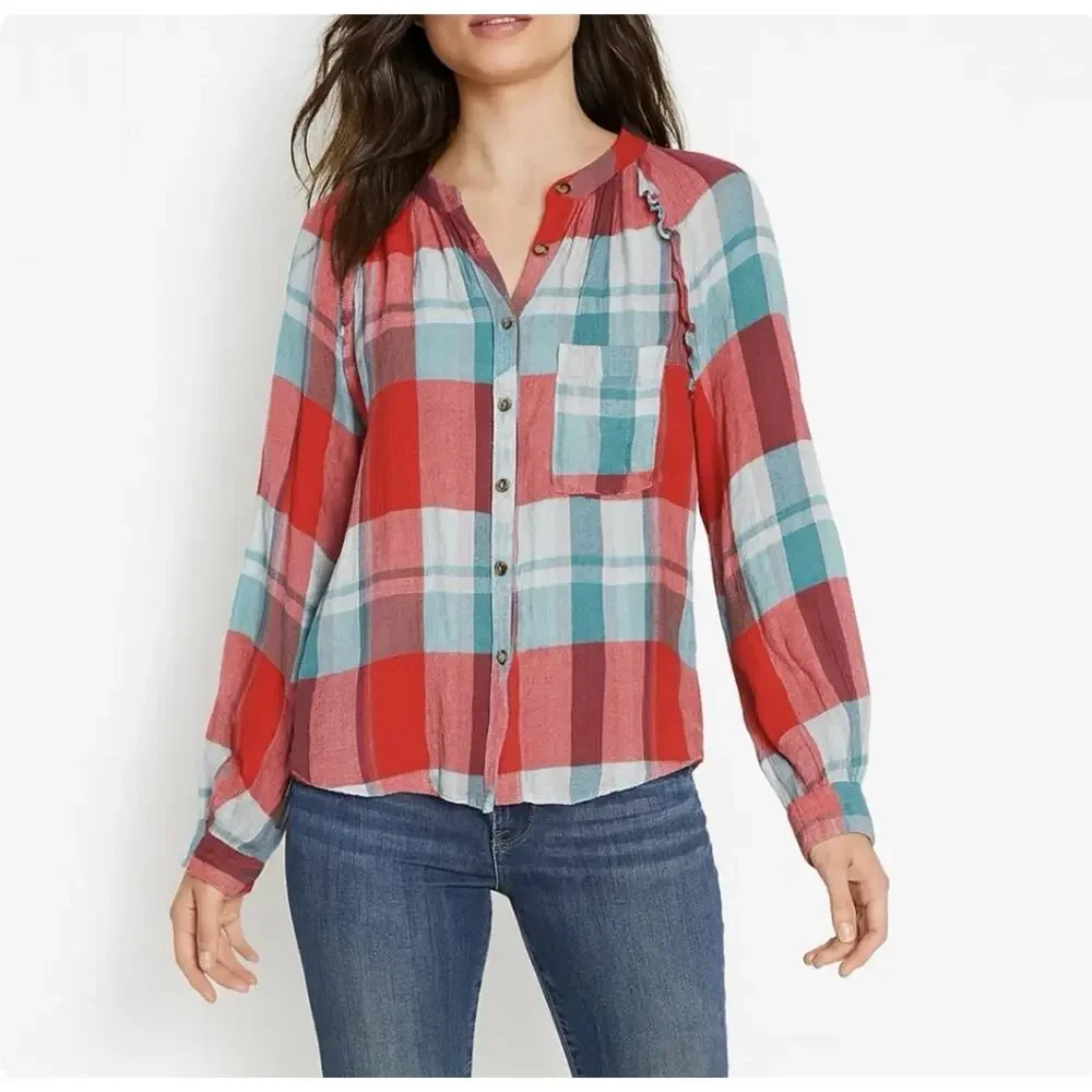 Anthropologie Pilcro Breezy Button down Plaid Blouse Women Medium Red Oversized - Picture 2 of 13